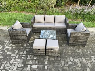 Fimous Wicker Rattan Garden Furniture Sofa Set with Armchair Square Coffee Table 2 Small Footstools Dark Grey Mixed