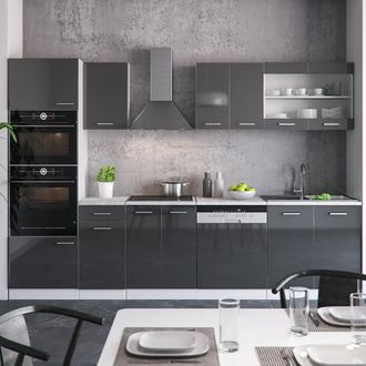 Vicco Mueble De Cocina R-line, Antracita Brillo Intenso/blanco, 300 Cm Con Armario Alto, Sin Encimera