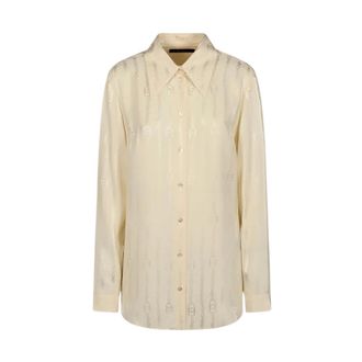 Gucci Interlocking G Chain Zijde Jacquard Blouse - Dames - Overhemden - Wit - S - Overhemden