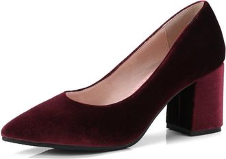 Generic Womens Pointed-Toe Court Shoes Velvet Block Heel Wedding Party Pumps Slip-On Office Heels,Burgundy,7.5 UK
