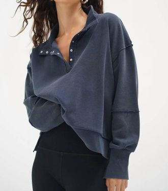 LnA Hallie Snap Collared Pullover Sweatshirt In Stone Wash Navy