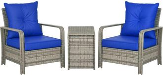 OUTSUNNY 3 PCs PE Rattan Garden Sofa Set w/ 2 Chairs & Storage Table Blue