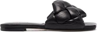 Vic Mati&eacute; Zwarte Leren Open Teen Platte Sandalen - Dames - Sandalen - Zwart - 36 EU - Leer - Schoenen