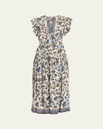 Ulla Johnson Kairi Printed Flutter-Sleeve Midi Dress