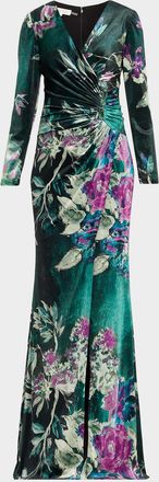 Teri Jon Floral Velvet Jewel Appliqué Gown