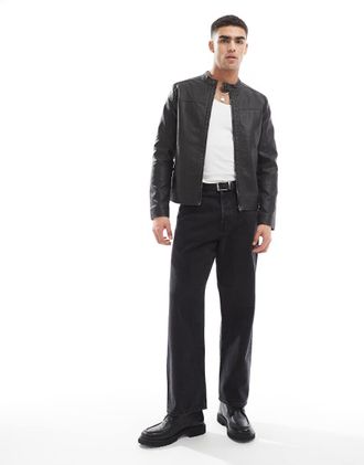 Jack & Jones washed black faux leather racer jacket