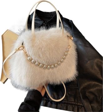 Generic Womens Plush Bags Pearl Handle Womens Plush Crossbody Bag Portable Handbag Winter Fashion Casual Shoulder(White)