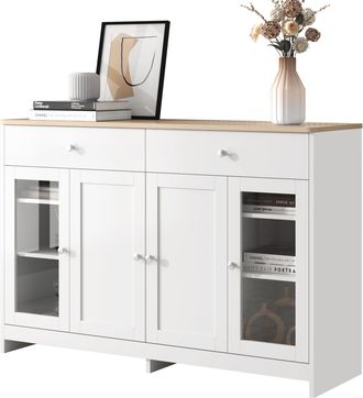 STILVORA Aparador Y Alacena Con 4 Puertas 1 Con Cristal, 2 Cajones Y Estantes Ajustables, Estilo R&uacute;stico, En Mdf, 120&times;37&times;80 Cm, Blanco