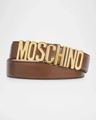 Moschino Men & apos;s Lettering Logo Leather Belt, Chocolate