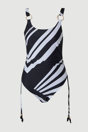 Karen Millen Womens Stripe Print With Bead Detail Low Back Swimsuit - Monochrome Multi Nylon - Size X-Small