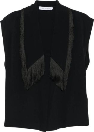 Simona Corsellini 0187 Camicia Nera G/m C/frangia - Dames - Blouses - Zwart - L - Overhemden