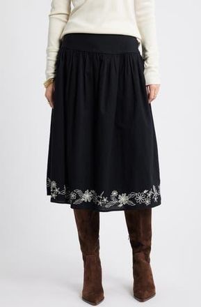 Treasure & Bond Embroidered Hem Cotton Midi Skirt in Black at Nordstrom Rack, Size Xx-Small
