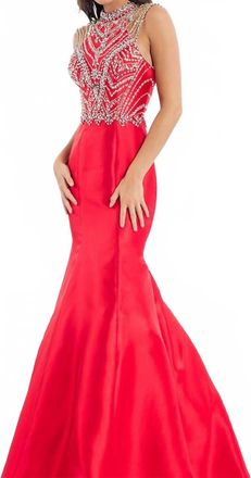 Rachel Allan High Neck Mikado Mermaid Gown In Red