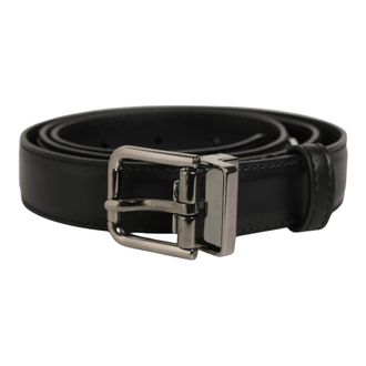 Dolce & Gabbana Cintur&oacute;n de Piel con Hebilla Met&aacute;lica Plateada - Accessories - Hombre - Negro - ONE SIZE