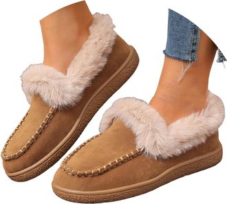 Generic Womens Winter Loafer Warm Fleece Lining Anti-Slip Ankle Snow Boots Slip On Casual Shoes Outdoor Plush Short Booties Fuzzy Loafers Fashion Low Top Flat