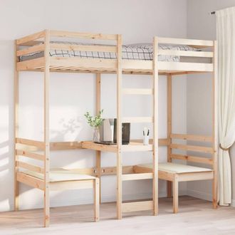 Berkfield Home Loft Bed Frame with Desk & Chairs 80x200cm Solid Wood Pine in Light Tan | Size: 80x200 cm
