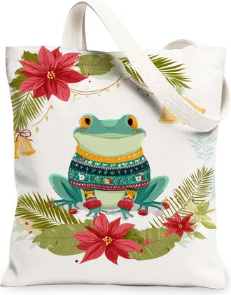 Generic Christmas Amphibian Canvas Tote Bags, Fun Animal Design Reusable Bags, Holiday Lightweight Washable Shoulder Strap Canvas F, White, 13x15 Inch