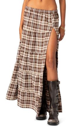 Edikted Plaid Tiered Side Slit Maxi Skirt in Brown at Nordstrom, Size X-Small