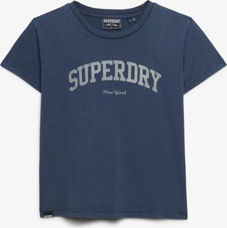 Superdry Print-Shirt SUPERDRY ATH ESS FITTED GRAPHIC TEE, Damen, Gr. XL, lauren navy, Single Jersey, Obermaterial: 100% Baumwolle, meliert, slim fit normal, Ru