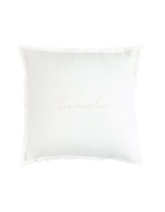 Anaya with Love Beach Script Embroidered White Linen Fringe Pillow with Down Alternative Insert at Nordstrom, Size 20X20