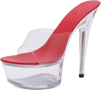 Generic Red,5.5 UK,Womens Stiletto High Platform Heel Peep Open Toe Sandals Mules Clear Crystal Slip-on Prom Party Dress Summer 5.7 Inches Heels Shoes