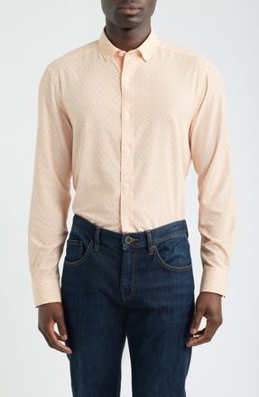 Johnston & Murphy XC+ Football Print Performance Button-Down Shirt in Orange at Nordstrom, Size Xx-Large