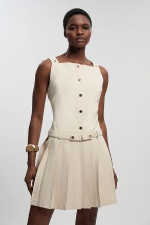 Karen Millen Womens Ponte Button Front Pleated Mini Dress - Cream viscose - Size X-Small