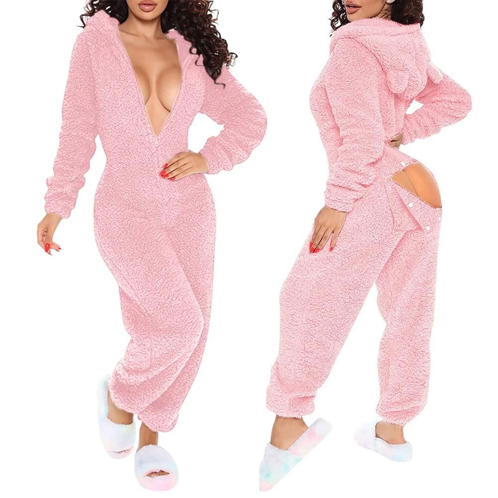 Damen Jumpsuit Schlafanzug - Kuscheliger Weihnachtspyjama Mit Kapuze