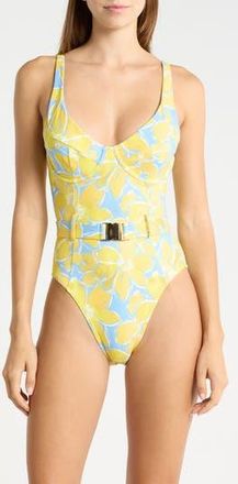 Hutch Sally Belted One-Piece Swimsuit in Yellow Watercolor Gardenias at Nordstrom Rack, Size X-Large