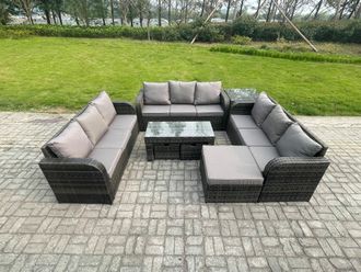 Fimous 12 Seater Rattan Garden Furniture Set Indoor Outdoor Patio Sofa Set with Coffee Table 3 Footstools Side Table Dark Grey Mixed