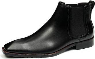 Generic Mens Low Chunky Heel Short Boots Pull on Chelsea Ankle Boots Square Pointed Toe Office Dress Shoes,Black,4.5 UK