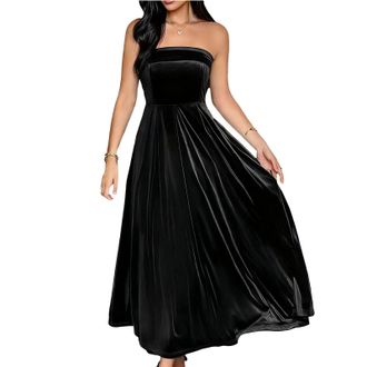 Generic Party Dresses for Women UK Strapless Sleeveless Luxury Velvet Dress Elegant Flowy A-Line Maxi Gown Womens Off Shoulder Formal Bridesmaids High Waist R