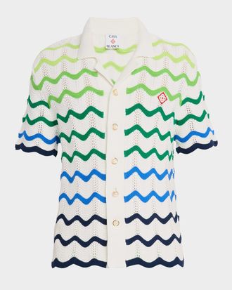 Casablanca Mens Wave Crochet Cotton Short-Sleeve Shirt