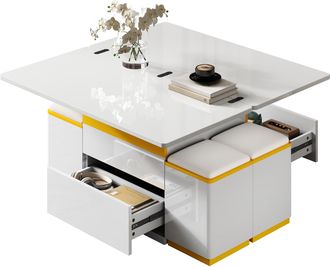 STILVORA Mesa De Centro Elevable Y Extensible Con 1 Caj&oacute;n Y Nichos, Brillo Parcial, En Mdf, Blanco Amarillo