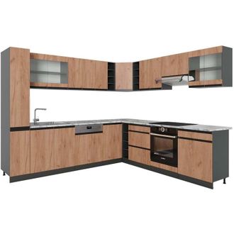 Vicco Cocina Esquinera R-line, Oro Power Roble/antracita, 257 X 277 Cm J-shape, Et M&aacute;rmol