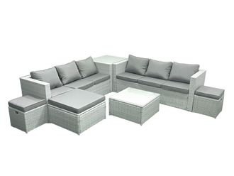 Fimous Rattan Garden Outdoor Furniture Set 9 Seater Rattan Garden Sofa Set with 3 Footstools Side Table Light Grey Mixed