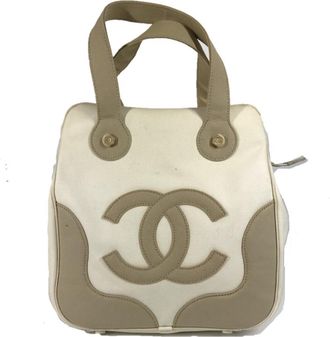 Chanel Beige White Canvas Handbag Tote Bag (Pre-Owned)