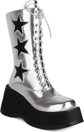 Generic Womens Combat Boots Platform Mid Calf with Stars Wedge Heel Side Zipper Gothic Motorcycle Shoes (7.5,Silver)