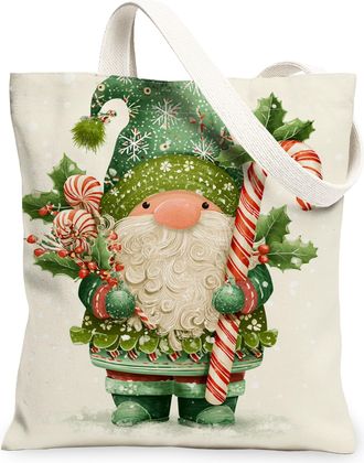 Generic Christmas Santa Canvas Tote Bags, Holiday Character Pattern Reusable Grocery Bags, Vintage Fanciful Lightweight Washable Shoulder Strap for Travel 13x
