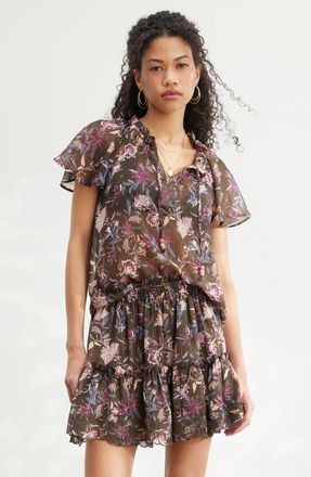 Treasure & Bond Floral Print Embroidered Chiffon Top in Olive Frou Floral at Nordstrom, Size Xx-Large