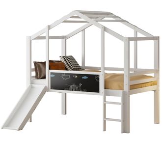 STILVORA Letto A Soppalco 90 X 200 Cm Con Scivolo, Scala, Lavagna E Sponde, Senza Materasso, In Legno Massiccio, Bianco