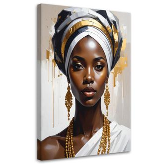 Feeby Cuadro En Lienzo, Retrato De Una Mujer Con Turbante Blanco Y Dorado, 80x120