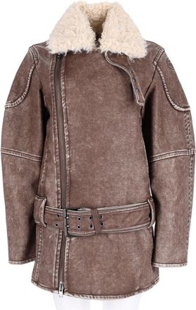 Diesel Brown Distressed Shearling-Collar Polyurethane Jacket