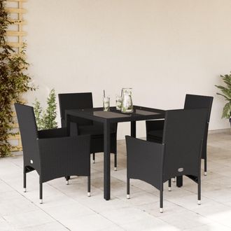 vidaXL Set Comedor Jard&iacute;n 5 Pzas Cojines Rat&aacute;n Sint&eacute;tico Vidrio Negro Vidaxl