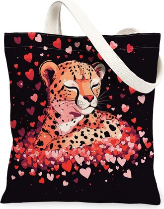 Generic Valentines Day Cheetah Canvas Tote Bag for Shopping 13x15, Fun Cute Heart Animal Wildlife Reusable Grocery Print Pattern Bag for Women, Kid Beach Aest