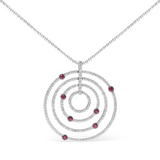 House of Brilliance 18K White Gold 2 1/6 Cttw Pave Set Diamonds and Red Ruby Openwork Circles 18 Pendant Necklace (G-H Color, SI2-I1 Clarity)