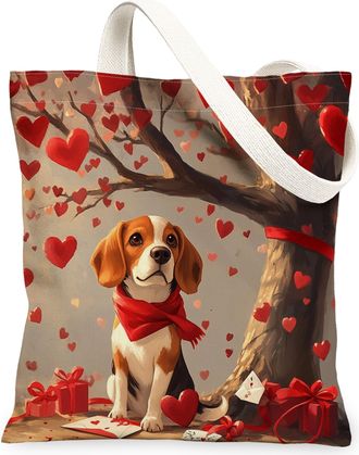 Generic Valentines Day Beagle Dog Canvas Tote Bag for Shopping 13x15, Fun Heart Tree Puppy Reusable Grocery Print Pattern Bag for Women, Pet Beach Aesthetic P