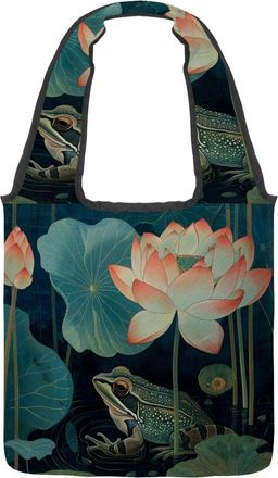 Generic Frog on Lotus Pond (12) Reversible Canvas Shoulder Tote - Double-Sided Print, 12oz Cotton, 27cm Drop, Fold-Flat Bag for Travel, Shopping, Street Outin