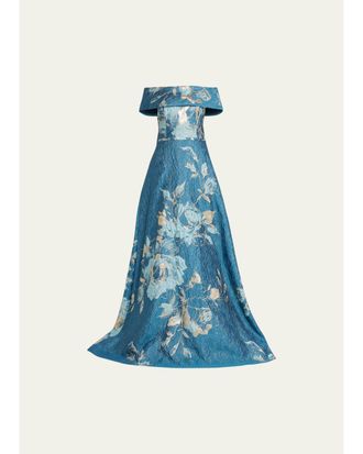 Teri Jon Off-Shoulder Metallic Flower Jacquard Gown