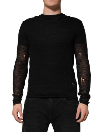 Dolce & Gabbana Black Linen Mesh Tattered Longsleeves Mens T-shirt